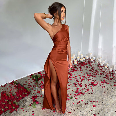 One-Shoulder Satin Slit Dress