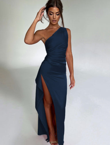 One-Shoulder Satin Slit Dress