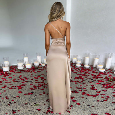 One-Shoulder Satin Slit Dress