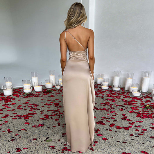 One-Shoulder Satin Slit Dress