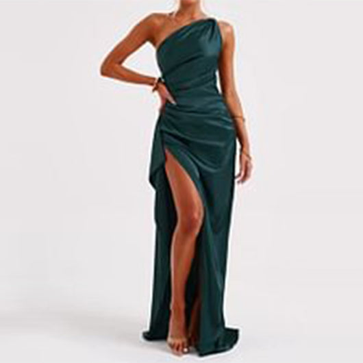 One-Shoulder Satin Slit Dress